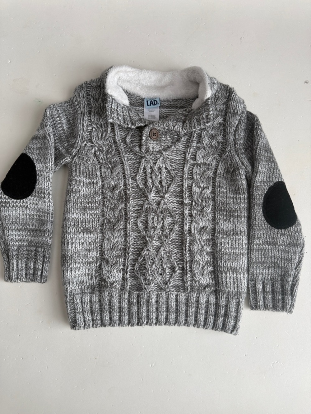 LAD Heather Gray Cable-Knit Crewneck Sweater with Elbow Patches